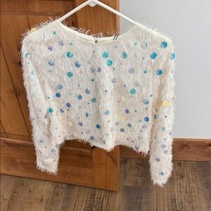 Mustard Seed White Fuzzy Sequin Crop Top